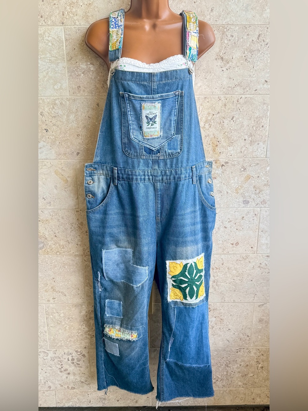 One of a Kind Patchwork Overalls with Hawaiian patch accents